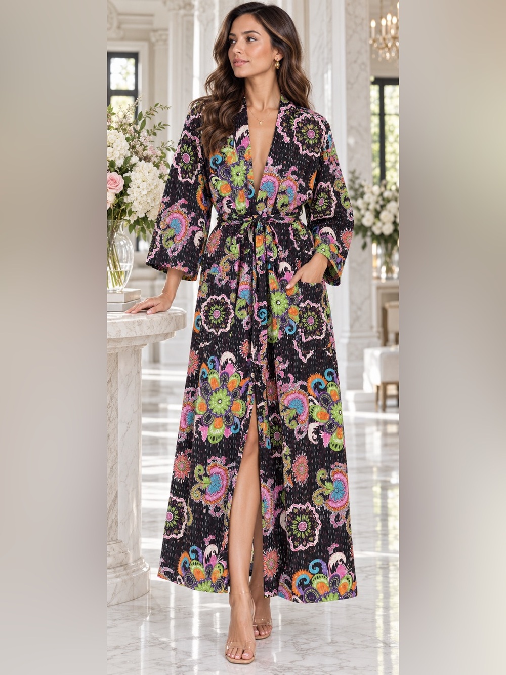 Kantha Robe Black Multicolor Floral Open Front Kimono tie
